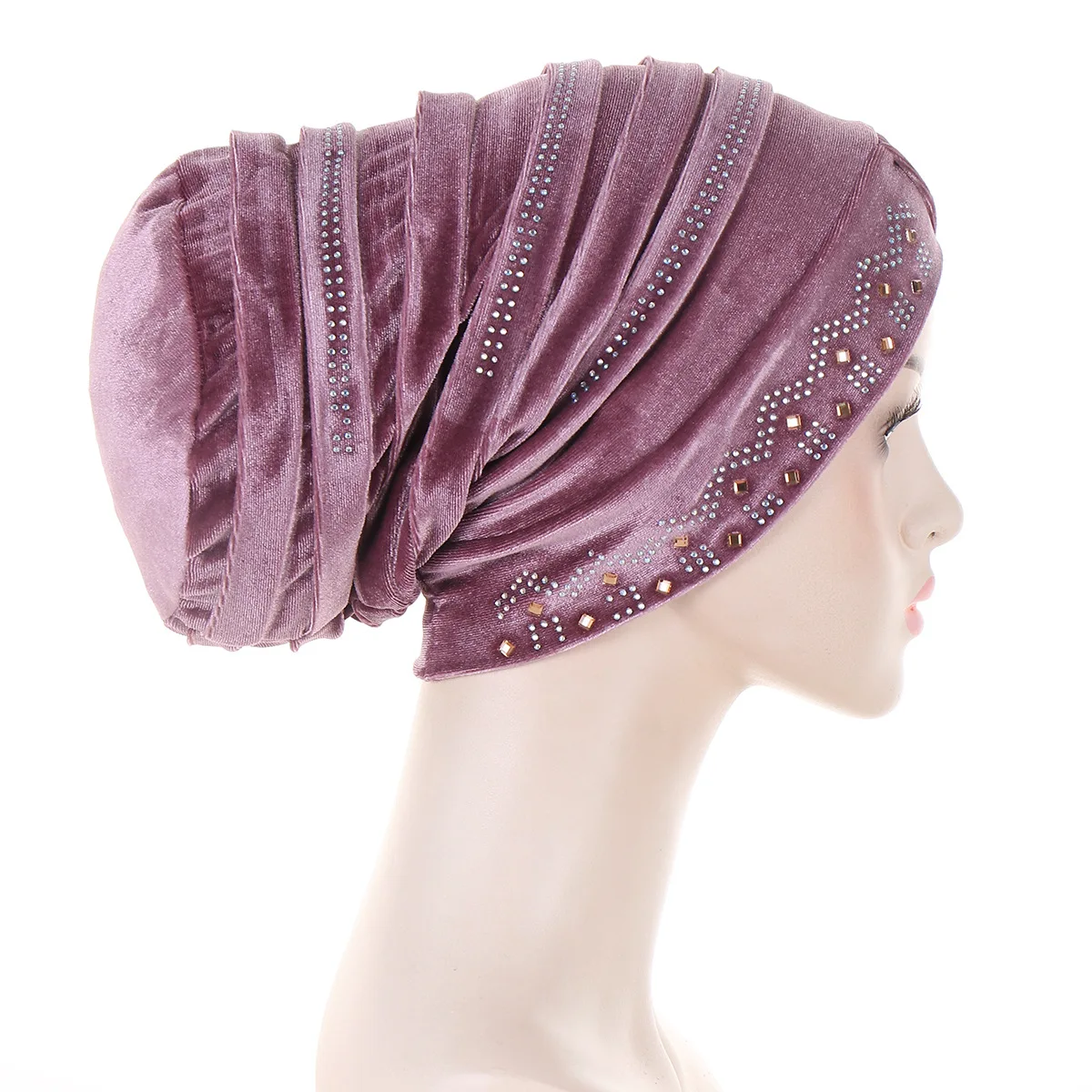 Glitter Diamonds Pleated Turban Cap Women Soft Velvet Head Wraps Caps Muslim Headscarf Bonnet Female Beanie Pullover Cap