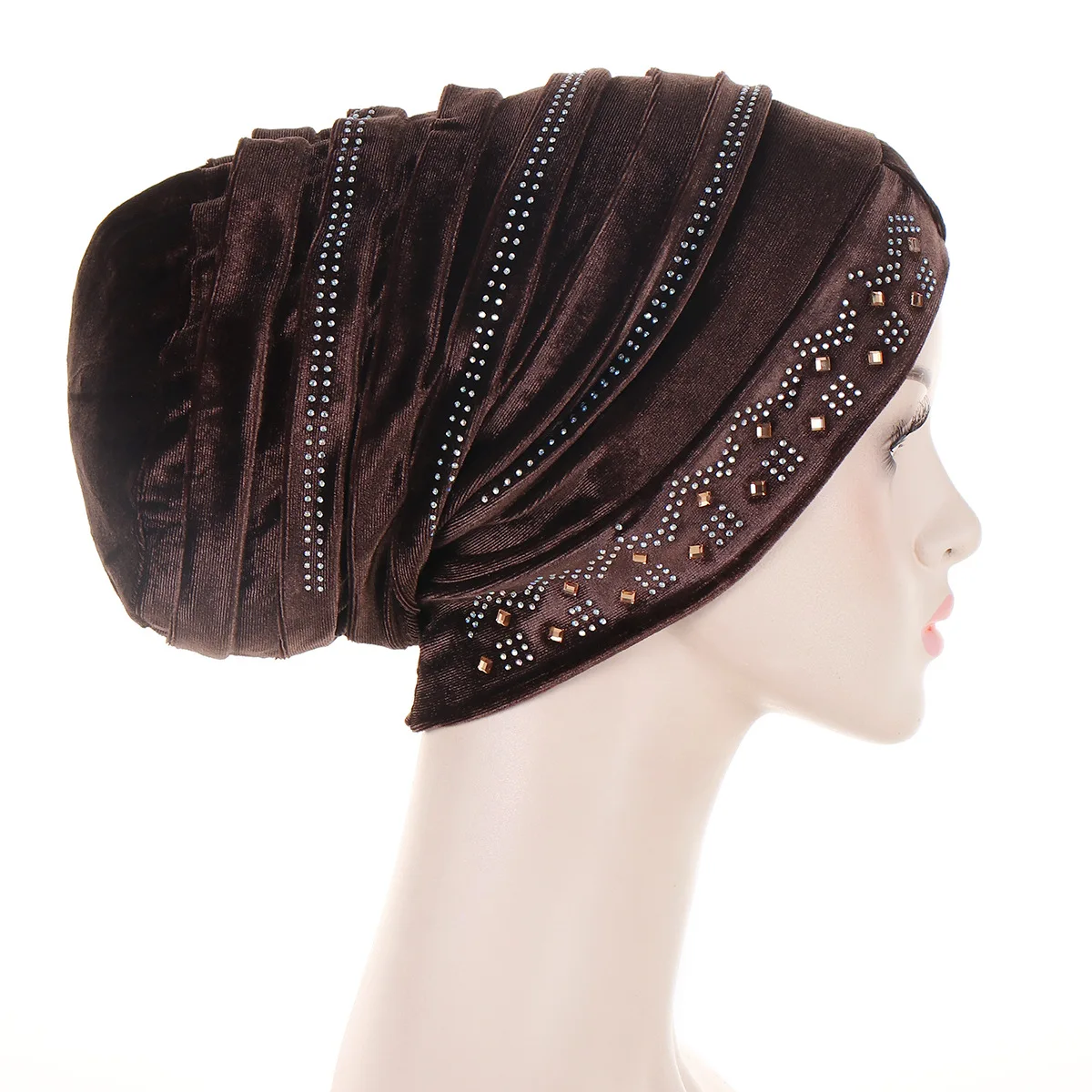 Glitter Diamonds Pleated Turban Cap Women Soft Velvet Head Wraps Caps Muslim Headscarf Bonnet Female Beanie Pullover Cap