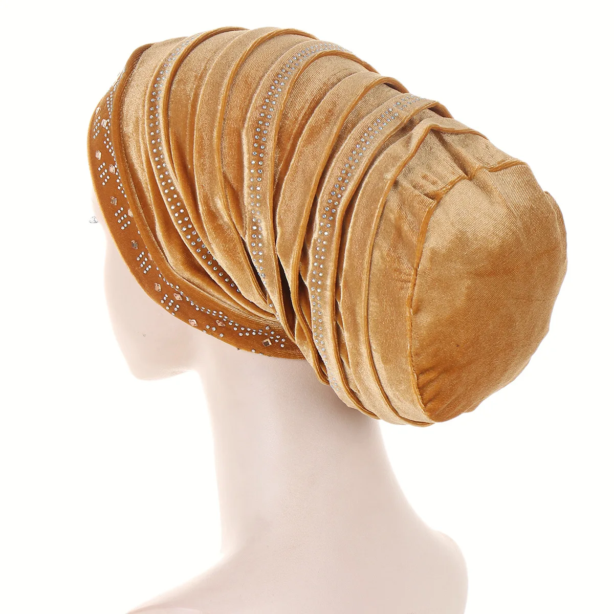 Glitter Diamonds Pleated Turban Cap Women Soft Velvet Head Wraps Caps Muslim Headscarf Bonnet Female Beanie Pullover Cap