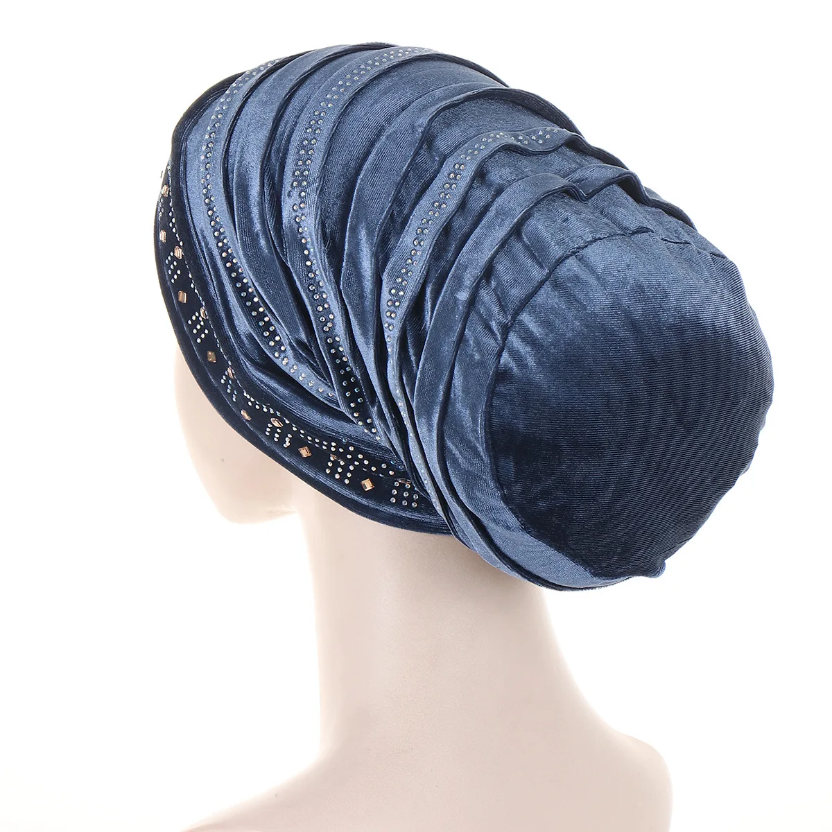 Glitter Diamonds Pleated Turban Cap Women Soft Velvet Head Wraps Caps Muslim Headscarf Bonnet Female Beanie Pullover Cap
