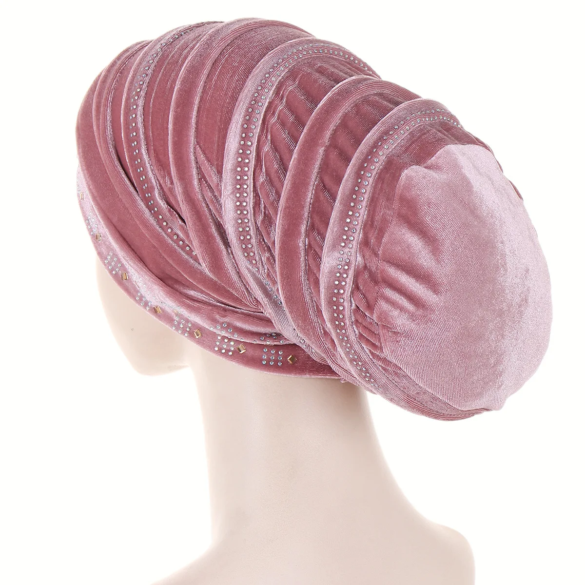 Glitter Diamonds Pleated Turban Cap Women Soft Velvet Head Wraps Caps Muslim Headscarf Bonnet Female Beanie Pullover Cap