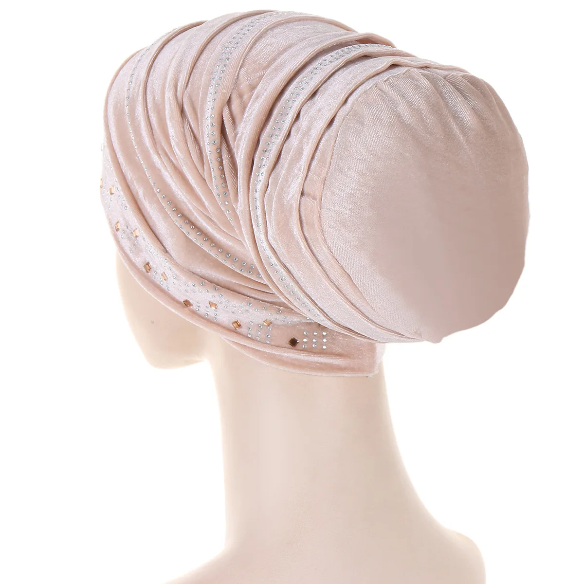 Glitter Diamonds Pleated Turban Cap Women Soft Velvet Head Wraps Caps Muslim Headscarf Bonnet Female Beanie Pullover Cap