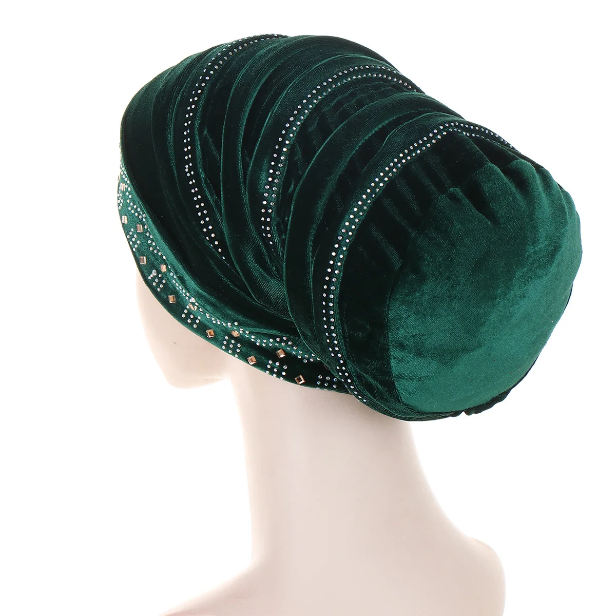 Glitter Diamonds Pleated Turban Cap Women Soft Velvet Head Wraps Caps Muslim Headscarf Bonnet Female Beanie Pullover Cap