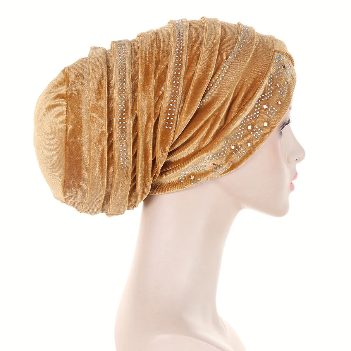 Glitter Diamonds Pleated Turban Cap Women Soft Velvet Head Wraps Caps Muslim Headscarf Bonnet Female Beanie Pullover Cap