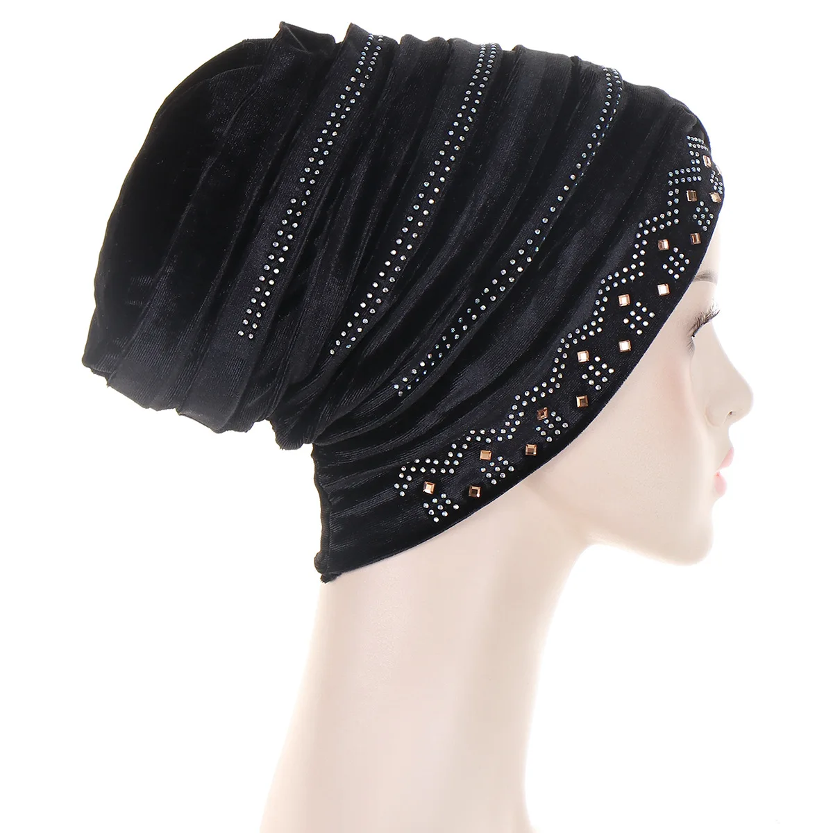 Glitter Diamonds Pleated Turban Cap Women Soft Velvet Head Wraps Caps Muslim Headscarf Bonnet Female Beanie Pullover Cap