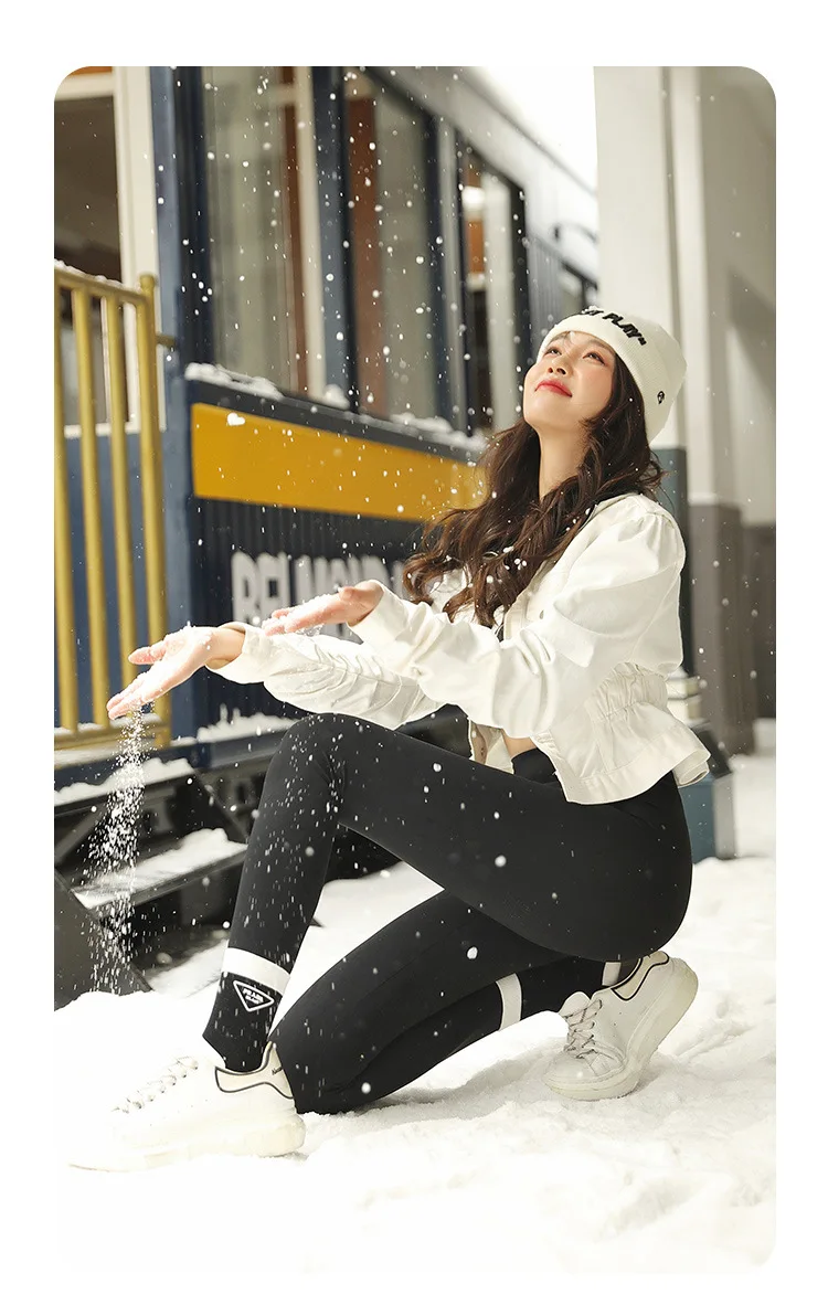 BIVIGAOS Women's Autumn Winter Thickened Alpaca Velvet Black Shark Leggings High Waist Slim Seamless Fleece Warm Leggings
