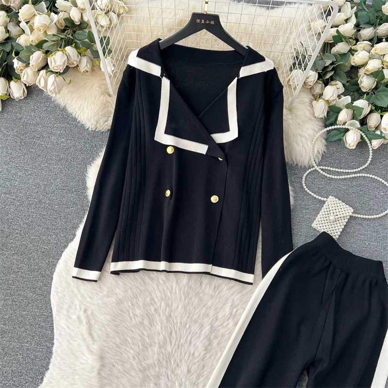 Autumn Winter Casual Two Pieces Suits Long Sleeve Knitted Cardigan Sweater+Elastic Waist Wide Leg Pant Female Loose Knitwear Set