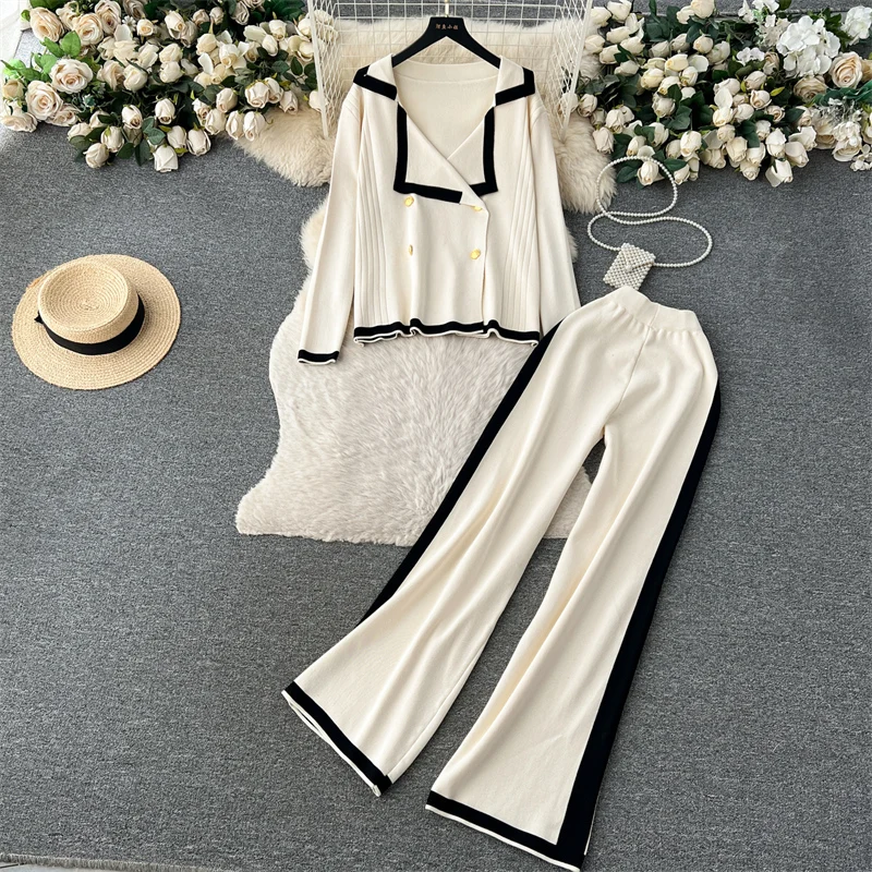 Autumn Winter Casual Two Pieces Suits Long Sleeve Knitted Cardigan Sweater+Elastic Waist Wide Leg Pant Female Loose Knitwear Set