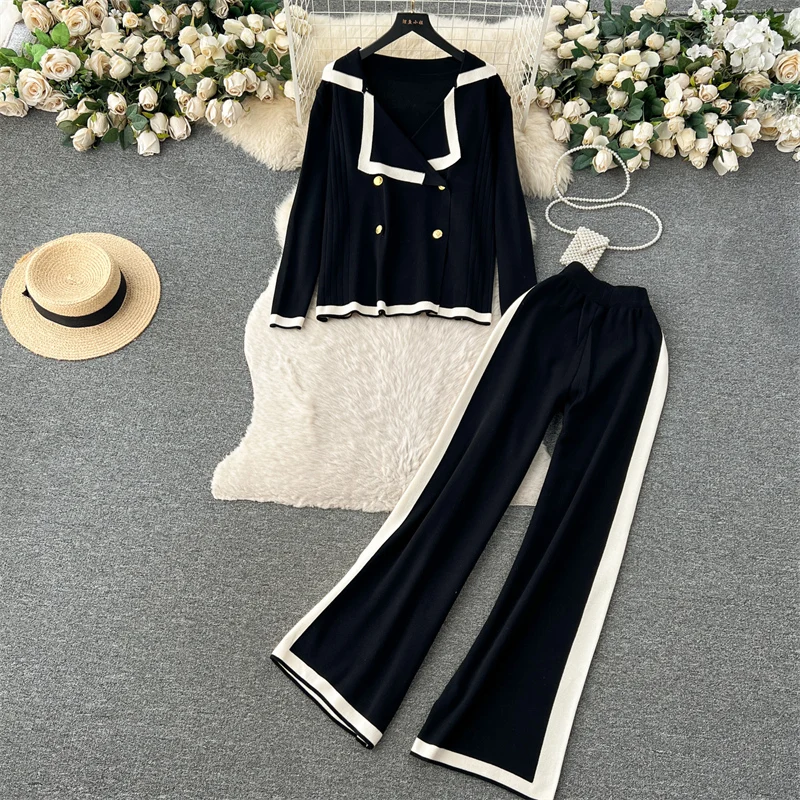 Autumn Winter Casual Two Pieces Suits Long Sleeve Knitted Cardigan Sweater+Elastic Waist Wide Leg Pant Female Loose Knitwear Set
