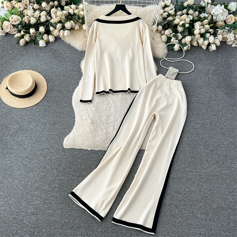 Autumn Winter Casual Two Pieces Suits Long Sleeve Knitted Cardigan Sweater+Elastic Waist Wide Leg Pant Female Loose Knitwear Set