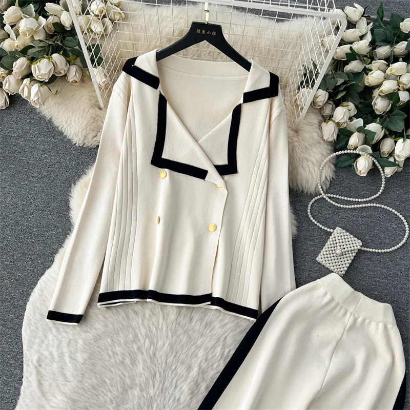 Autumn Winter Casual Two Pieces Suits Long Sleeve Knitted Cardigan Sweater+Elastic Waist Wide Leg Pant Female Loose Knitwear Set