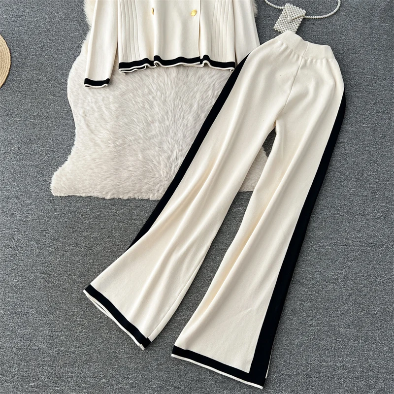 Autumn Winter Casual Two Pieces Suits Long Sleeve Knitted Cardigan Sweater+Elastic Waist Wide Leg Pant Female Loose Knitwear Set