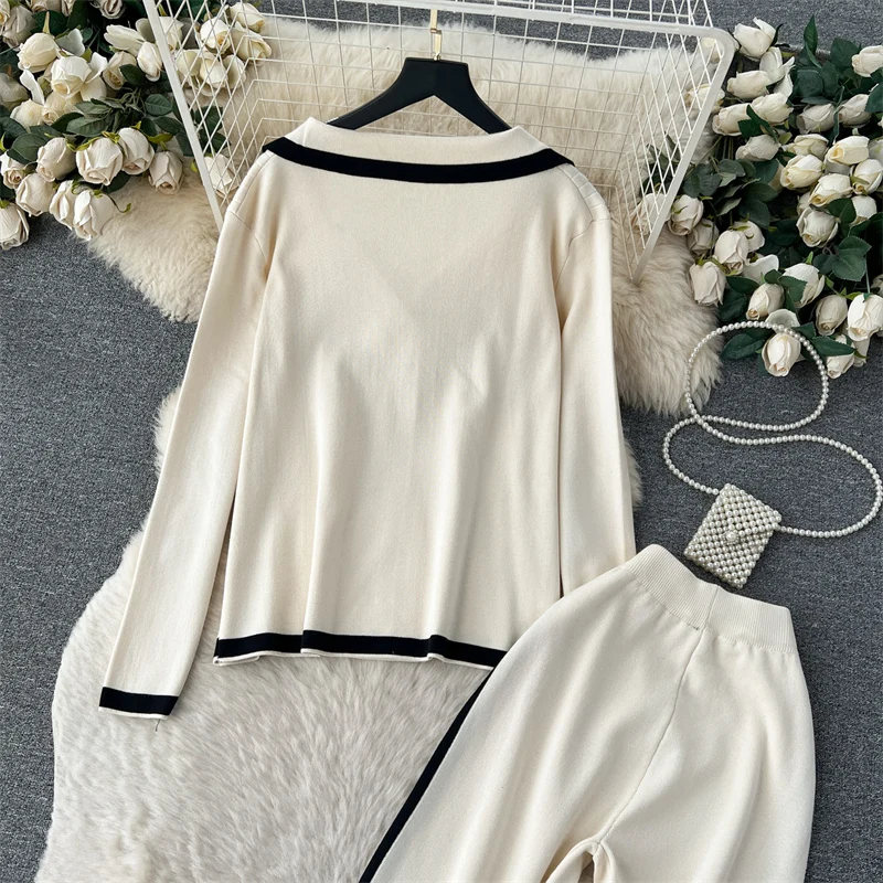 Autumn Winter Casual Two Pieces Suits Long Sleeve Knitted Cardigan Sweater+Elastic Waist Wide Leg Pant Female Loose Knitwear Set