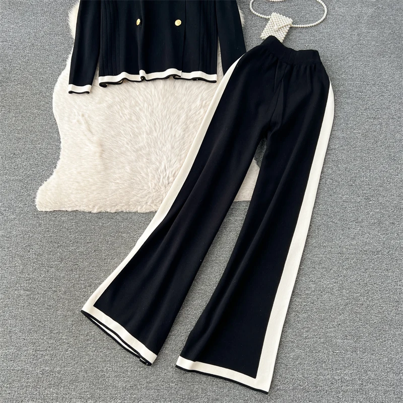 Autumn Winter Casual Two Pieces Suits Long Sleeve Knitted Cardigan Sweater+Elastic Waist Wide Leg Pant Female Loose Knitwear Set