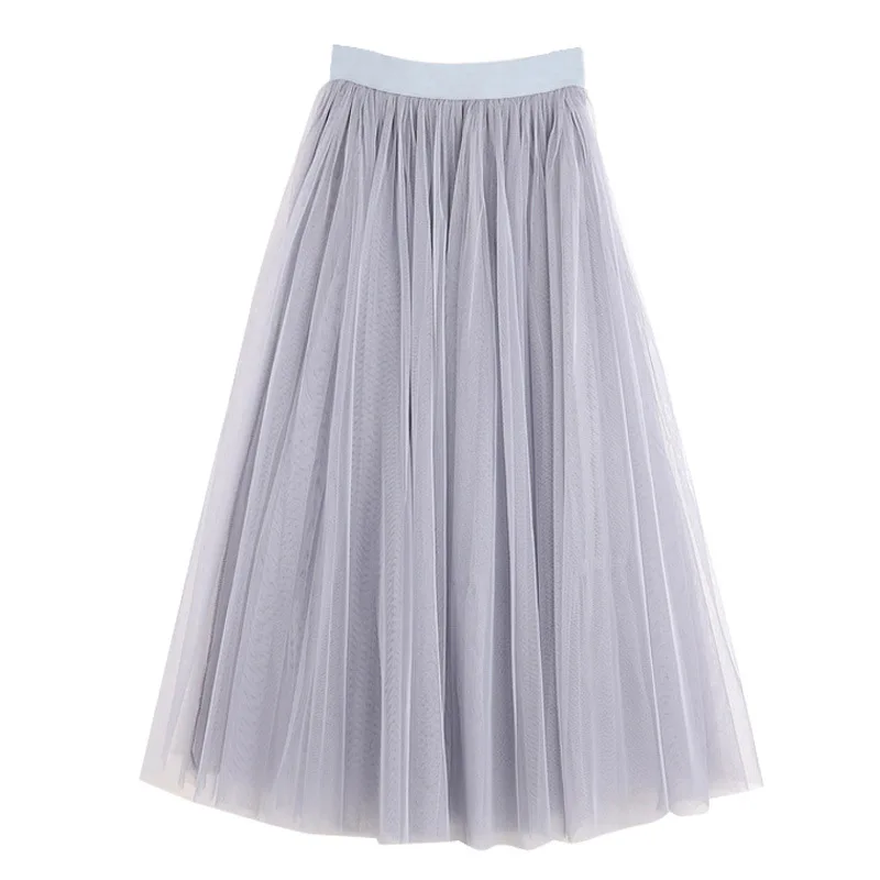 2024 Autumn Winter Vintage Tulle Skirt Women Elastic High Waist Mesh Skirts Long Pleated Tutu Skirt Female