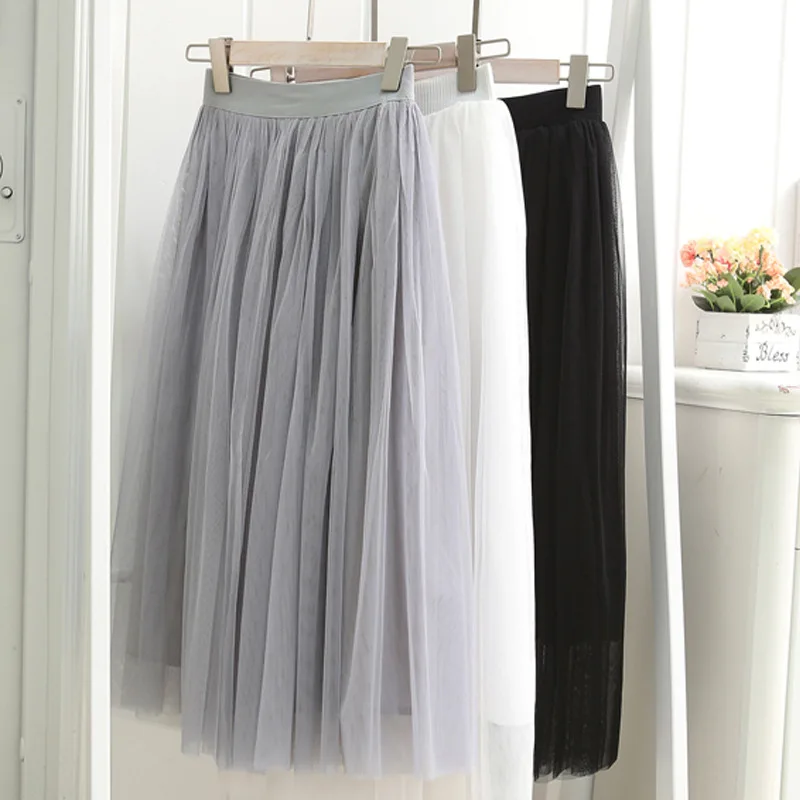 2024 Autumn Winter Vintage Tulle Skirt Women Elastic High Waist Mesh Skirts Long Pleated Tutu Skirt Female