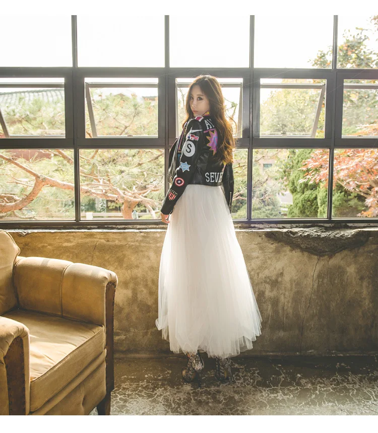 2024 Autumn Winter Vintage Tulle Skirt Women Elastic High Waist Mesh Skirts Long Pleated Tutu Skirt Female