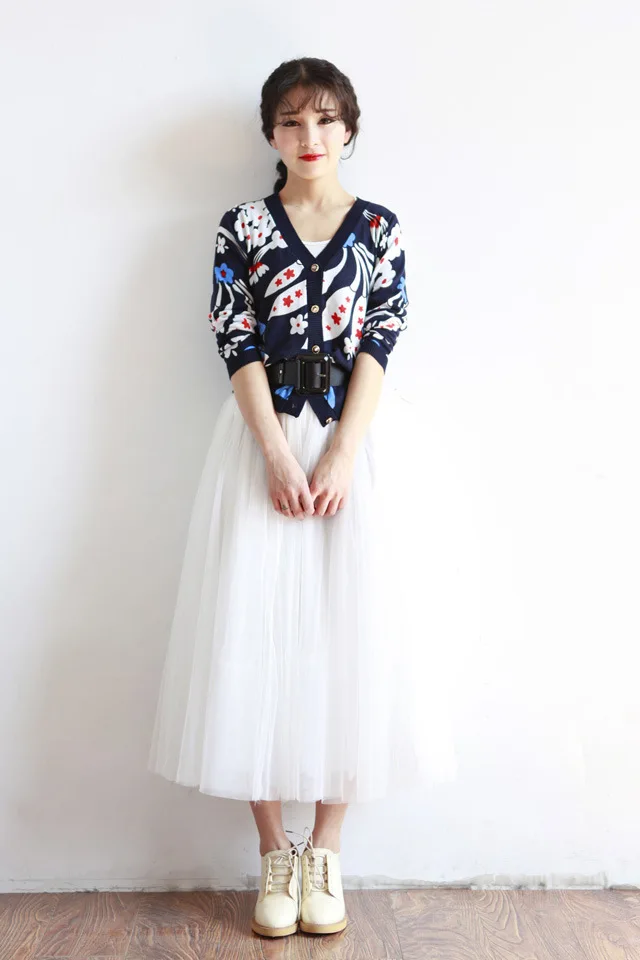 2024 Autumn Winter Vintage Tulle Skirt Women Elastic High Waist Mesh Skirts Long Pleated Tutu Skirt Female