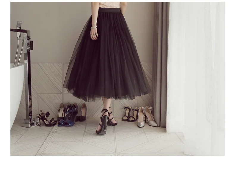2024 Autumn Winter Vintage Tulle Skirt Women Elastic High Waist Mesh Skirts Long Pleated Tutu Skirt Female