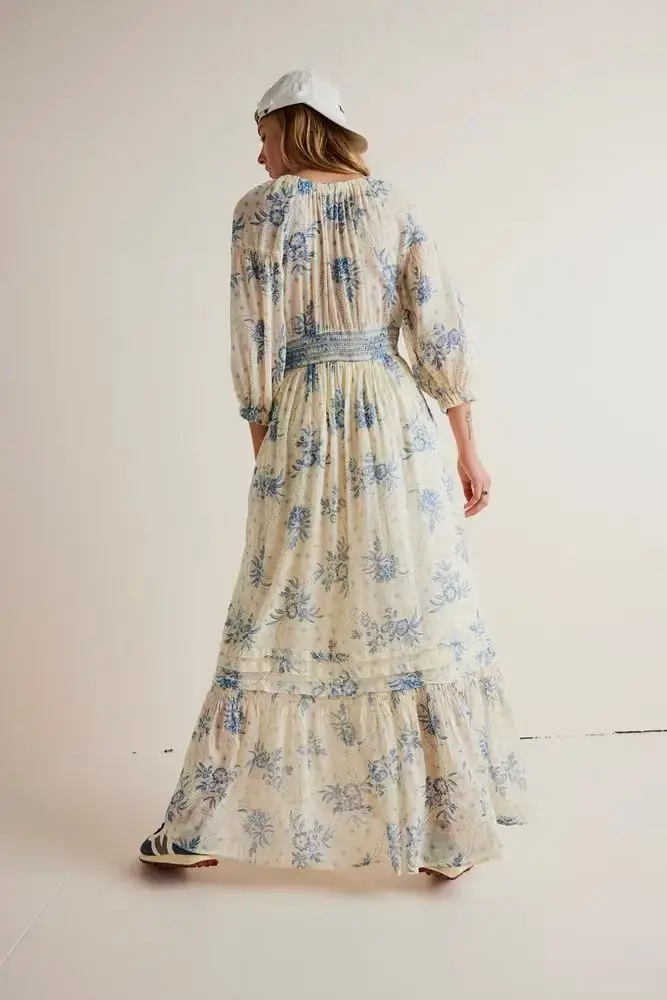 GypsyLady Floral Chic Boho Maxi Dress Navy V-neck Long Sleeve Spring Autumn Party Sexy Holiday Women Ladies Dresses Vestido New