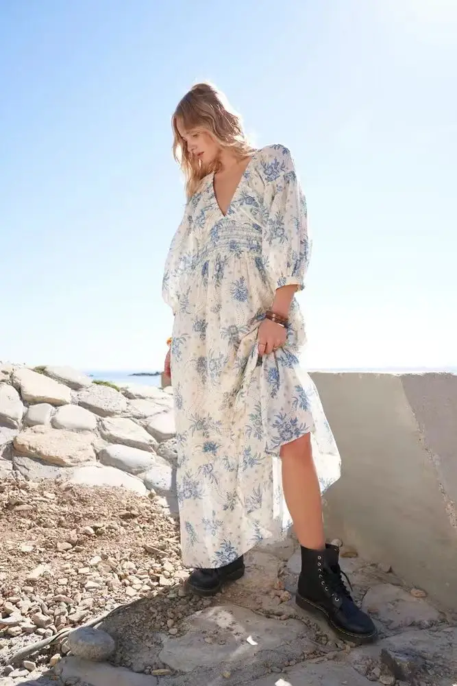 GypsyLady Floral Chic Boho Maxi Dress Navy V-neck Long Sleeve Spring Autumn Party Sexy Holiday Women Ladies Dresses Vestido New