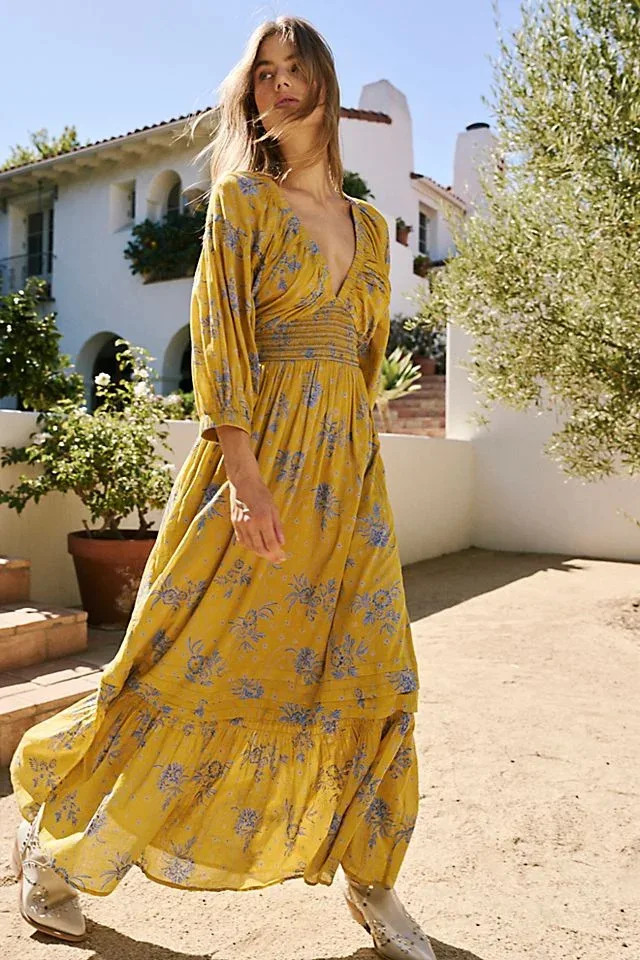 GypsyLady Floral Chic Boho Maxi Dress Navy V-neck Long Sleeve Spring Autumn Party Sexy Holiday Women Ladies Dresses Vestido New