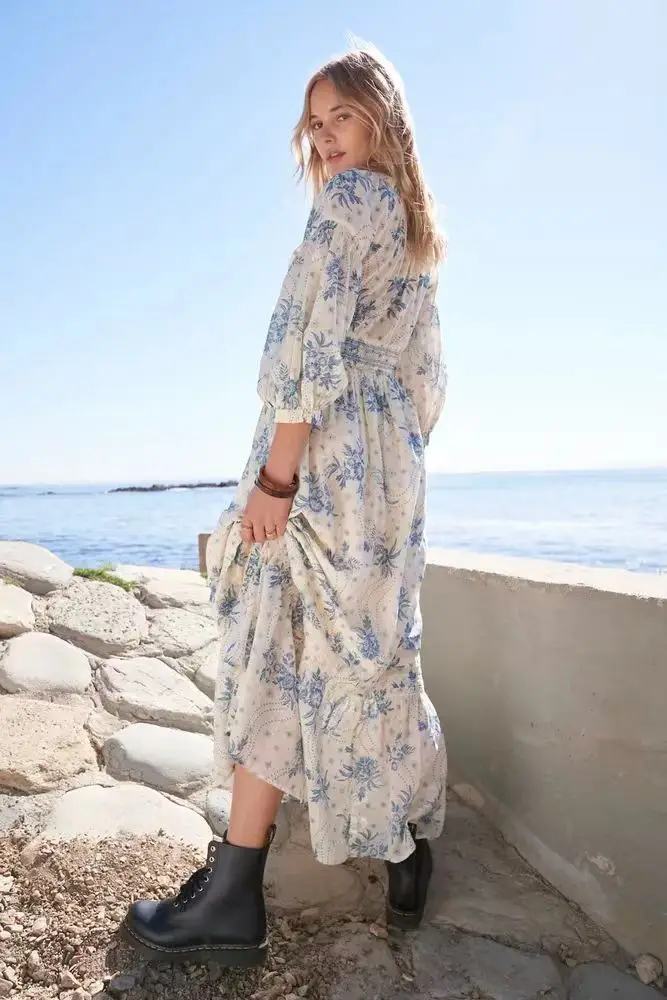 GypsyLady Floral Chic Boho Maxi Dress Navy V-neck Long Sleeve Spring Autumn Party Sexy Holiday Women Ladies Dresses Vestido New
