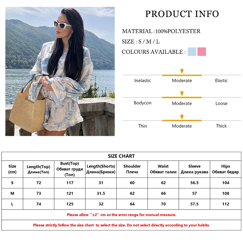 Clacive Fashion Loose Print Shorts Set For Women 2 Piece Elegant Long Sleeve Blouse With High Waist Ruffle Shorts Set Streetwear