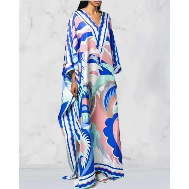 Women's Murah Kaftan Batik Cover Up Loose V-neck bohemian dress plus size Beach Dress Print Floral Maxi Dress