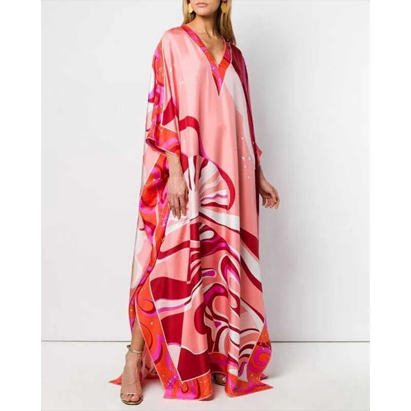Women's Murah Kaftan Batik Cover Up Loose V-neck bohemian dress plus size Beach Dress Print Floral Maxi Dress