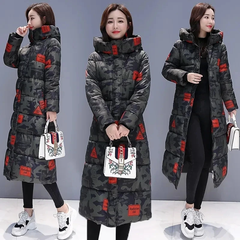 New Fashion Cool Camouflage Print Long Jacket for Women Bubble Coat Winter Thick Warm Outerwear Puffer Overcoat