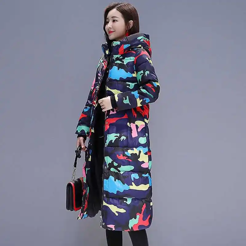 New Fashion Cool Camouflage Print Long Jacket for Women Bubble Coat Winter Thick Warm Outerwear Puffer Overcoat