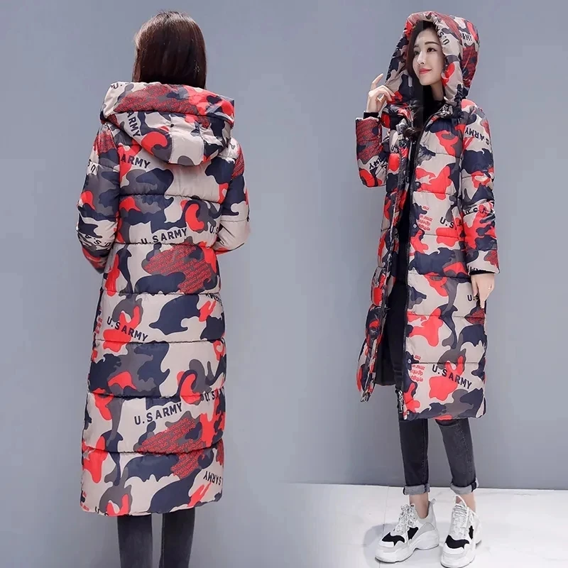 New Fashion Cool Camouflage Print Long Jacket for Women Bubble Coat Winter Thick Warm Outerwear Puffer Overcoat