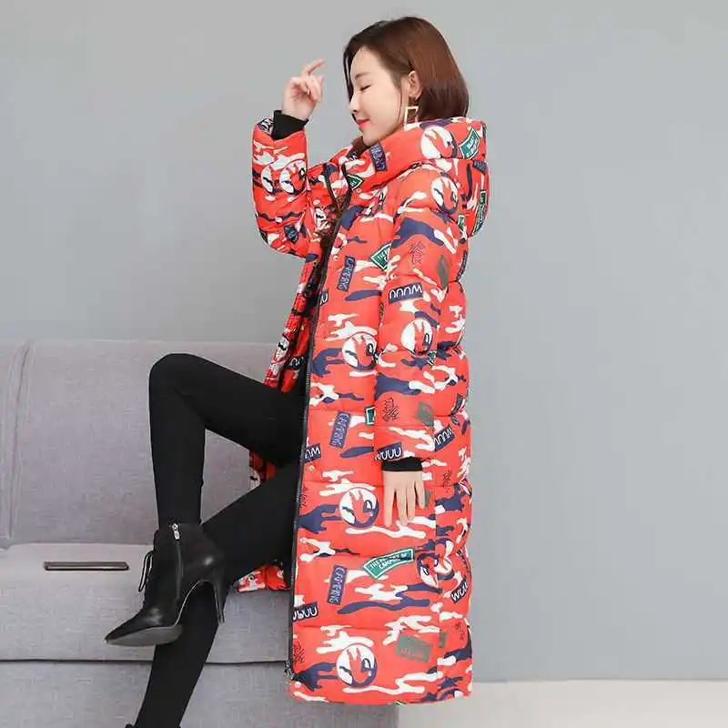 New Fashion Cool Camouflage Print Long Jacket for Women Bubble Coat Winter Thick Warm Outerwear Puffer Overcoat