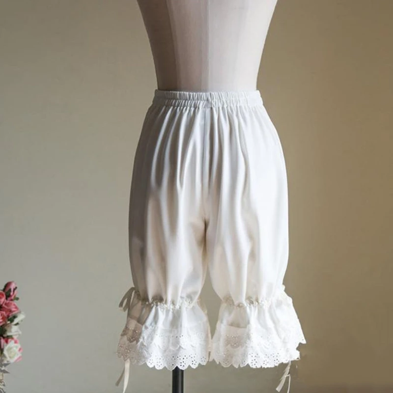 Women Renaissance Vintage Bloomers Ruffles Lace Hem Bow Lantern Pumpkin Pants Solid Color Elastic Bubble Safety Under Pants