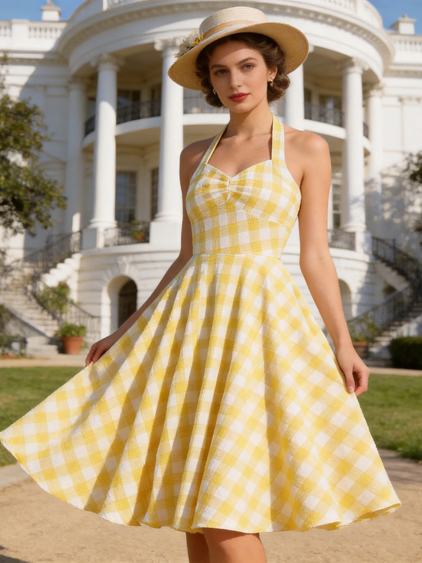 Tonval Vacation Women's Summer Dress 2025 Sexy Backless Party Halter Neck Yellow Plaid 50s Vintage High Waist Swing Dresses