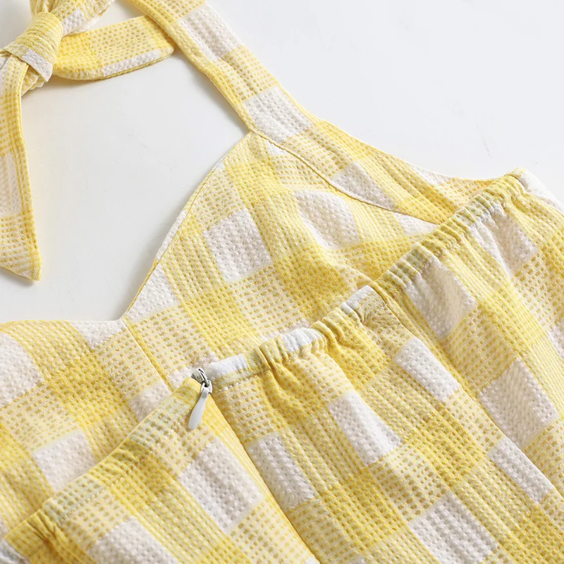 Tonval Vacation Women's Summer Dress 2025 Sexy Backless Party Halter Neck Yellow Plaid 50s Vintage High Waist Swing Dresses