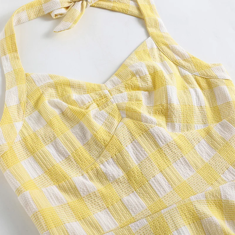 Tonval Vacation Women's Summer Dress 2025 Sexy Backless Party Halter Neck Yellow Plaid 50s Vintage High Waist Swing Dresses