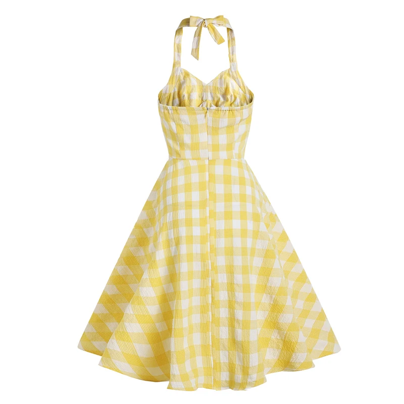 Tonval Vacation Women's Summer Dress 2025 Sexy Backless Party Halter Neck Yellow Plaid 50s Vintage High Waist Swing Dresses
