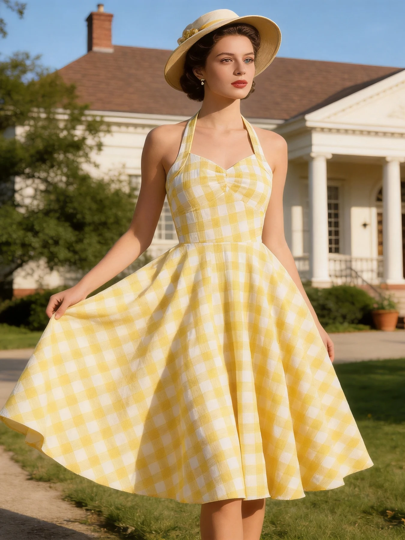 Tonval Vacation Women's Summer Dress 2025 Sexy Backless Party Halter Neck Yellow Plaid 50s Vintage High Waist Swing Dresses