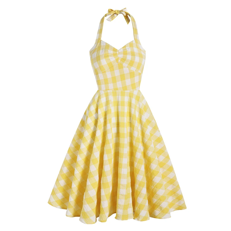 Tonval Vacation Women's Summer Dress 2025 Sexy Backless Party Halter Neck Yellow Plaid 50s Vintage High Waist Swing Dresses