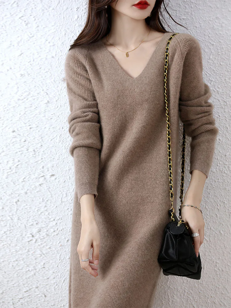Womens Elegant Cashmere Sweater Dresses 100% Merino Wool Sexy V-Neck Casual Knitted Skirt Fall Winter Ladies Black Dress Clothes