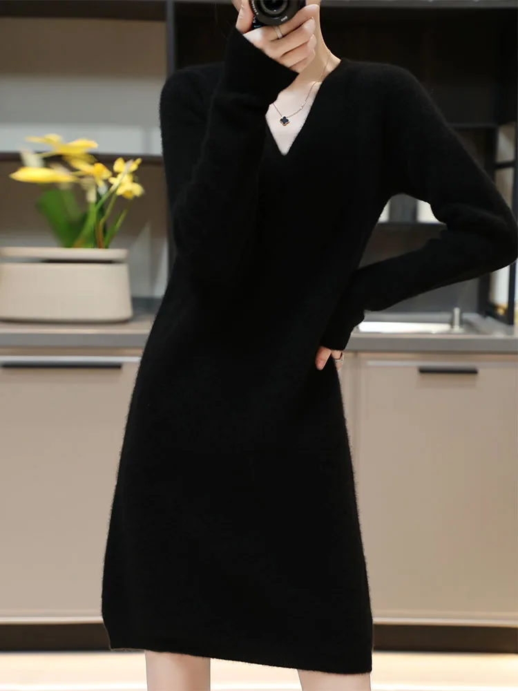 Womens Elegant Cashmere Sweater Dresses 100% Merino Wool Sexy V-Neck Casual Knitted Skirt Fall Winter Ladies Black Dress Clothes
