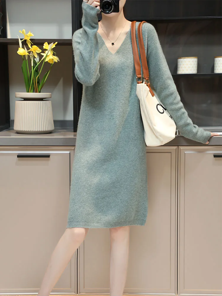 Womens Elegant Cashmere Sweater Dresses 100% Merino Wool Sexy V-Neck Casual Knitted Skirt Fall Winter Ladies Black Dress Clothes