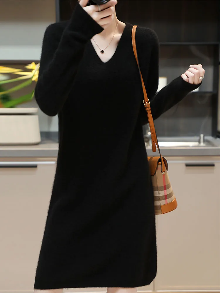 Womens Elegant Cashmere Sweater Dresses 100% Merino Wool Sexy V-Neck Casual Knitted Skirt Fall Winter Ladies Black Dress Clothes