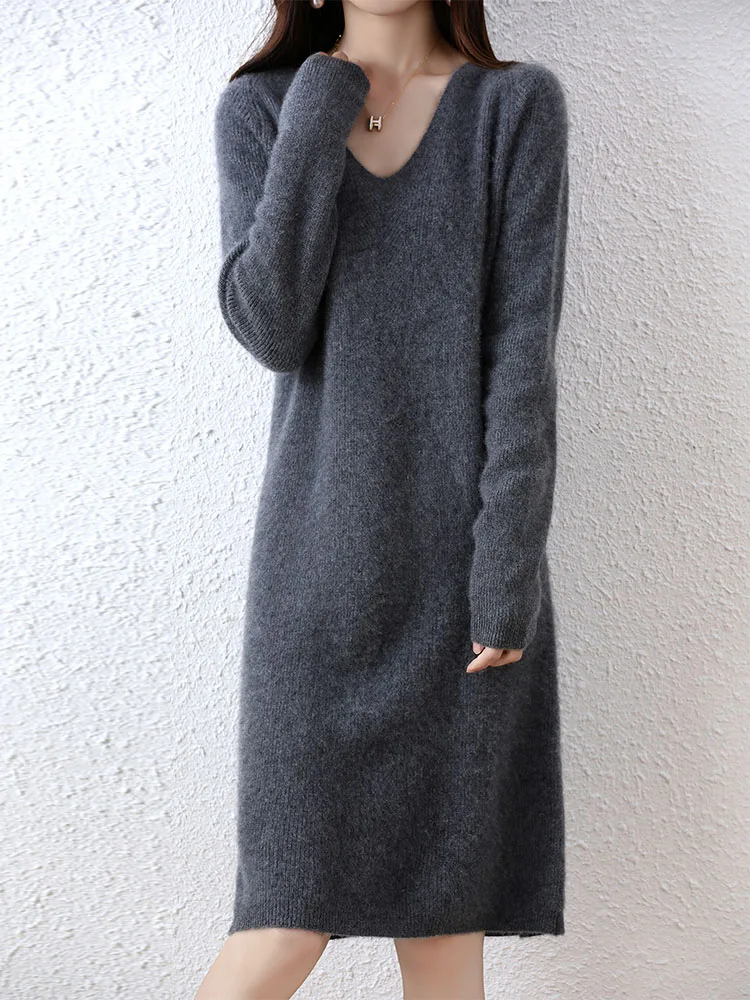 Womens Elegant Cashmere Sweater Dresses 100% Merino Wool Sexy V-Neck Casual Knitted Skirt Fall Winter Ladies Black Dress Clothes