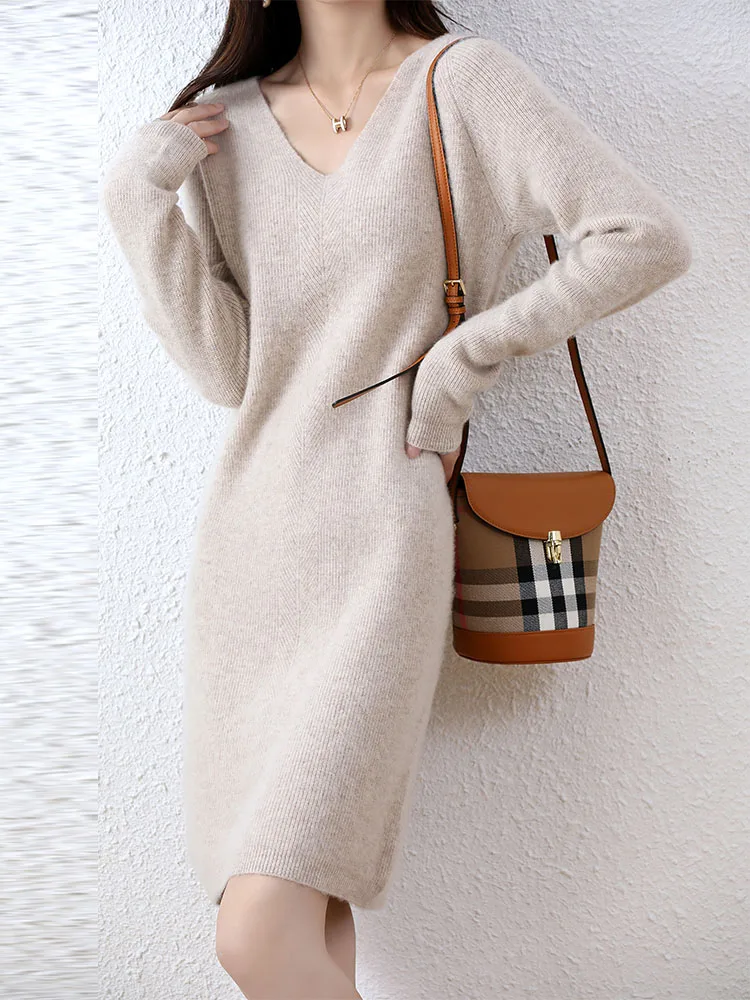Womens Elegant Cashmere Sweater Dresses 100% Merino Wool Sexy V-Neck Casual Knitted Skirt Fall Winter Ladies Black Dress Clothes