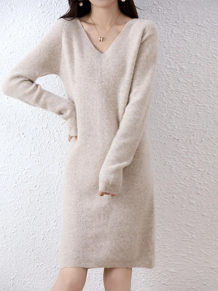 Womens Elegant Cashmere Sweater Dresses 100% Merino Wool Sexy V-Neck Casual Knitted Skirt Fall Winter Ladies Black Dress Clothes