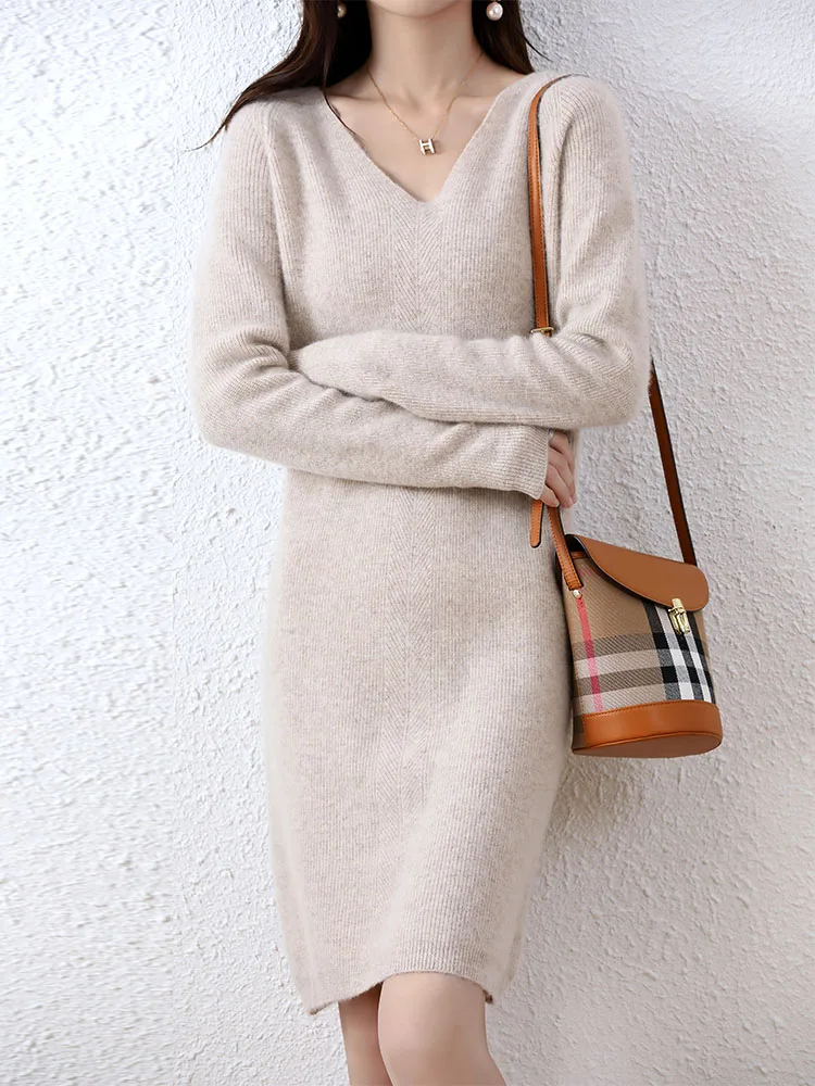 Womens Elegant Cashmere Sweater Dresses 100% Merino Wool Sexy V-Neck Casual Knitted Skirt Fall Winter Ladies Black Dress Clothes