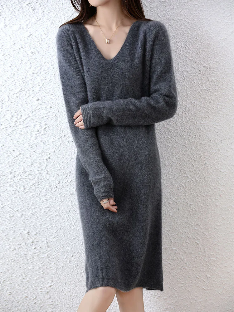 Womens Elegant Cashmere Sweater Dresses 100% Merino Wool Sexy V-Neck Casual Knitted Skirt Fall Winter Ladies Black Dress Clothes